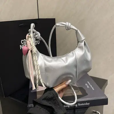 Silver Oil Leather Shoulder Bag for Women
