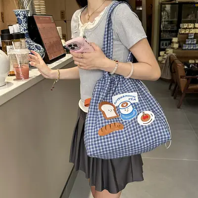 Cute Puppy Canvas Bag Blue Checkered Large Capacity
