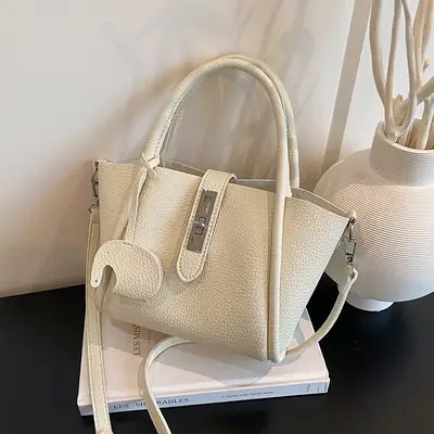 Women's Beige Leather Crossbody Tote Bag with Top Handle