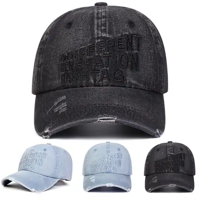 Men Sun Hat with Letter Embroidery Washed Blue