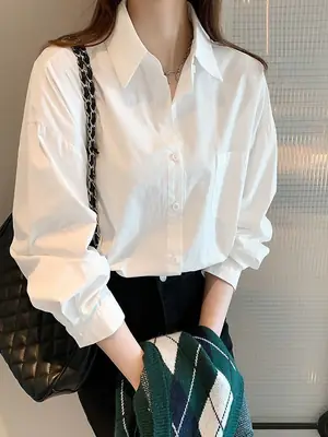 White Shirt Women's Spring, Autumn and Summer New High-End Jk Uniform Lapel Versatile Top Professional Wear Long-Sleeved Shirt Batch