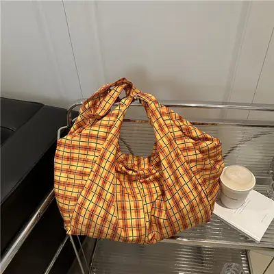 Yellow Plaid Leopard Print Women's Large Tote Bag