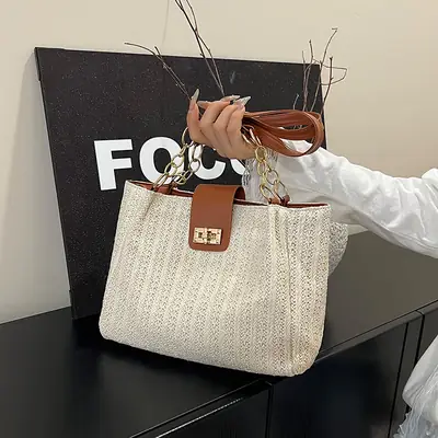 Women Cross-Brown Woven Shoulder Bag Large Capacity Beach Tote