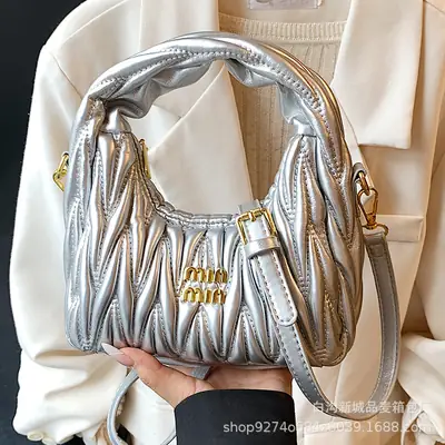 Silver Pleated Shoulder Bag for Women Casual Luxury Handbag