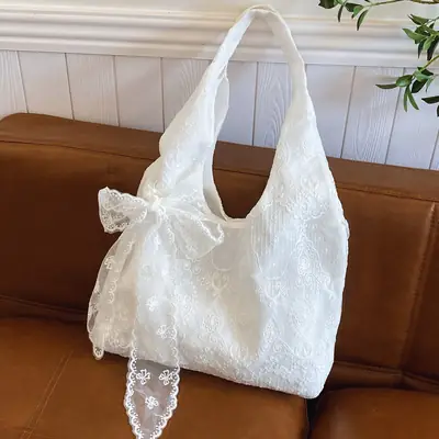 White Korean Style Lace Flower Canvas Shoulder Bag