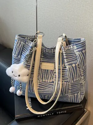 Women's Blue Striped Shoulder Bag with Bear Earrings