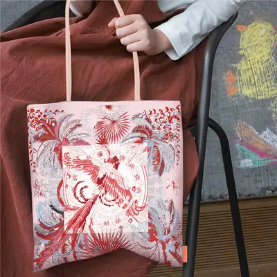 Phoenix Pattern Handbag Large Capacity Red White Women's Shoulder Bag