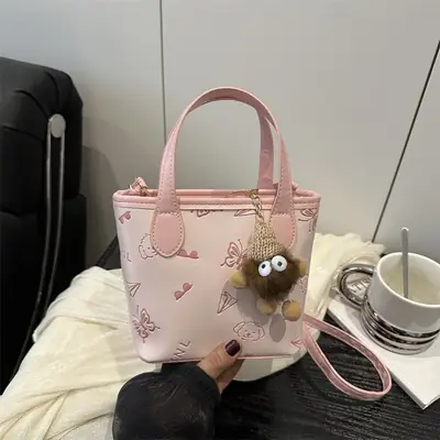 Pink Satchel Shoulder Bag with Cute Pom Pom Decor