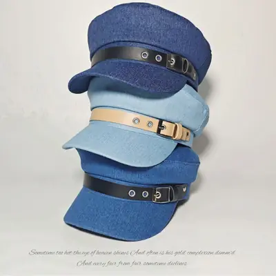 Women Blue Denim Belt Buckle Cap with Curved Brim