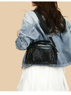 Black Textured Crossbody Bag for Women Large Capacity