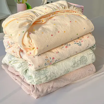 Four-Season Universal Washed Cotton Double-Layer Gauze Fitted Sheet Single-Piece All-Inclusive Anti-Slip Household Double Mattress Dust Cover Three-Piece Set
