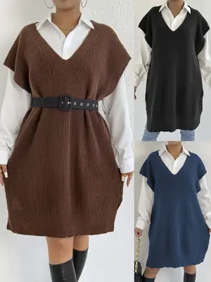 Women's V-Neck Loose Vest Dress Brown Belted