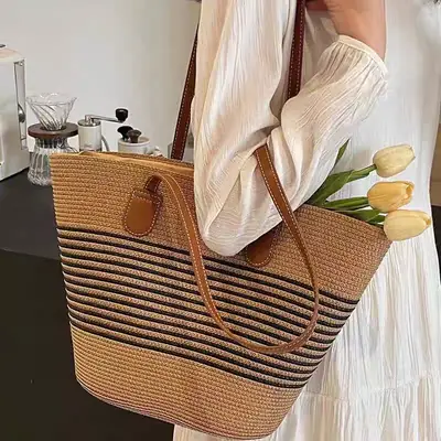 Women Woven Straw Beach Bag Large Capacity Shoulder Bag