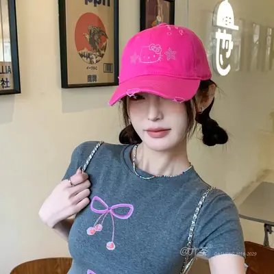 Hello Kitty Embroidered Black Baseball Cap for Women