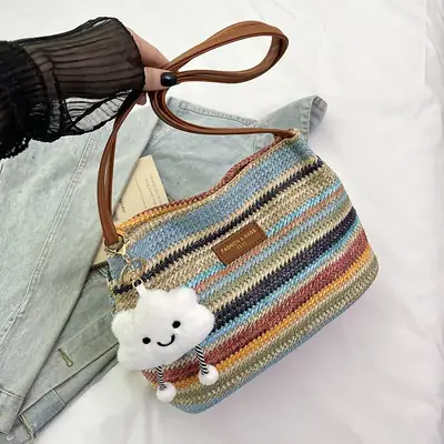 2025 New Striped Bucket Bag Women's Lazy Style Casual Vacation Beach Bag Crossbody Bag Fashion Shoulder Bag Women luggage and leather goods