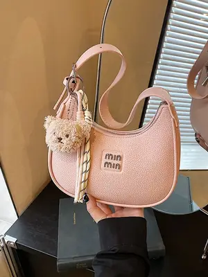 Pink Women's Shoulder Bag with Pom Pom Charm