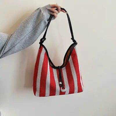 Red Striped Women's Shoulder Bag with Black Handle