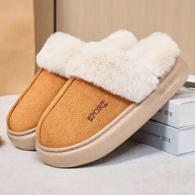 Women's Winter Cross-Border Style Large Fur-Lined Cotton Slippers, European and American Fashion Home Cotton Shoes, Non-Slip Eva Sole Simple Slippers