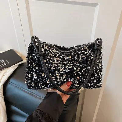 2025 Sequined Shoulder Bag Black Large Capacity