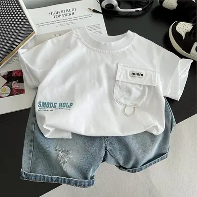 Boys White T-Shirt & Grey Shorts Set 2025 Summer