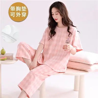 Summer 2026 New Style Women's Pajama Set with Round Neck, Three-Quarter Pants, Chest Pads, Sweet Short-Sleeve Loungewear That Can Be Worn Outside