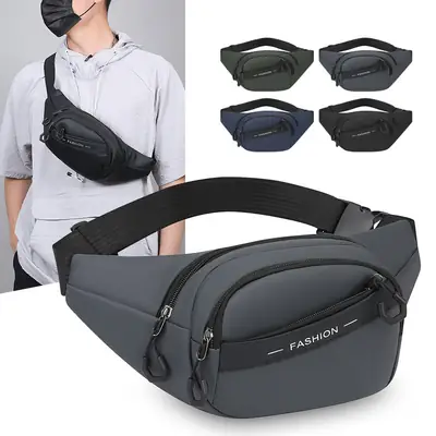 Men's Crossbody Bag Black Multi-Layer Business Waist Bag