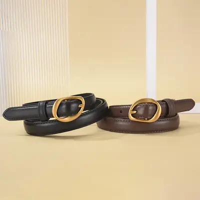 Women's Brown Leather Belt with Gold Buckle