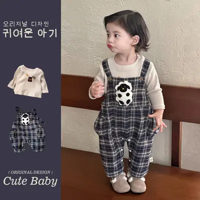 Baby Overalls Set Retro British Style Plaid Jumpsuit T-Shirt