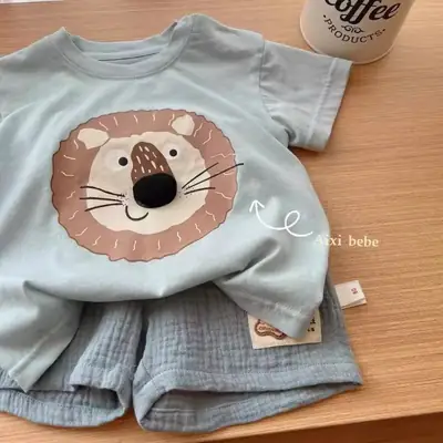 Boys Summer Lion Print T-Shirt Set Small Medium