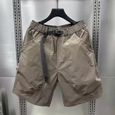 Men Brown Belted Cargo Shorts Summer Large Pocket Loose Straight Mid Length