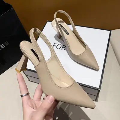 Women Pointed Toe French Heels with Skirts Black Beige