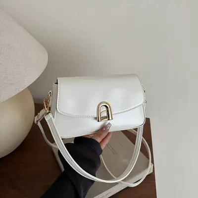 White Women's Square Handbag with Gold Clasp