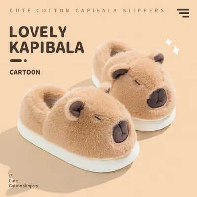 Autumn and Winter New Cute Capibala Cotton Slippers for Women Indoor Home Thick-Soled Non-Slip Warm Bag Heel Cotton Shoes