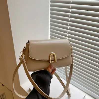 Women's Beige Crossbody Handbag with Gold Clasp
