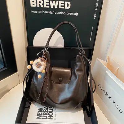 2026 Vintage Brown Leather Shoulder Tote Bag with Charm