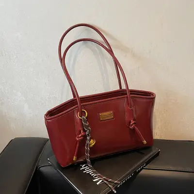 Women's Red Leather Shoulder Tote Bag 2025 Winter New