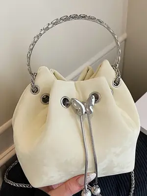 Korean Style Cream Bucket Bag with Chain Handle