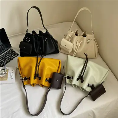 Women Drawstring Bucket Bags Black Yellow Green Beige