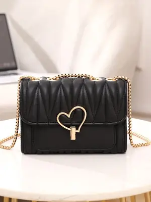 Black Heart Lock Crossbody Bag with Gold Chain
