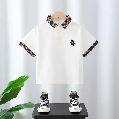 Boys' White Cotton Polo Shirt with Floral Embroidery