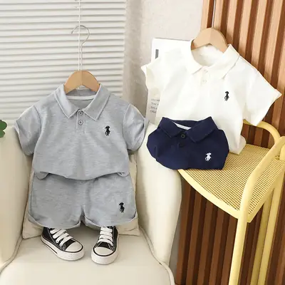 Kids Short Sleeve Suit Black Beige Korean Style