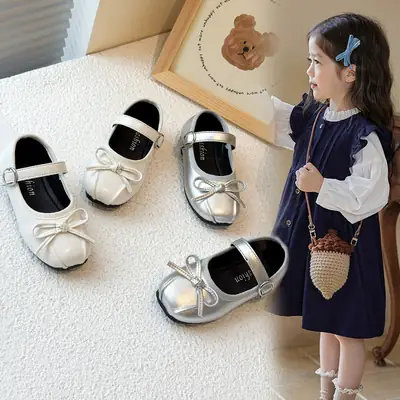 2026 Girls' Bow Princess Shoes Silver Baby Girl Single Shoes Soft Sole Infant Toddler Shoes Children's Leather Shoes for Little Kids
