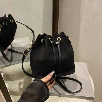 Black Drawstring Bucket Bag for Women 2025