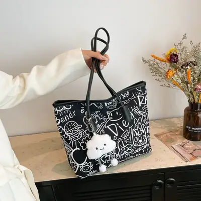 Women Graffiti Canvas Shoulder Bag 2025 New Casual Large Capacity