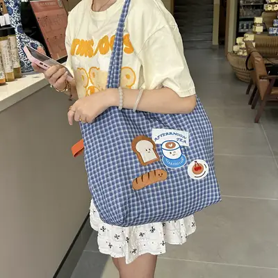 Cute Puppy Canvas Bag Blue Checkered Large Capacity