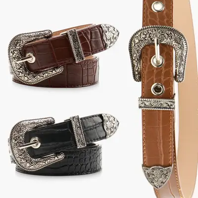 Cross-Border Retro Belt Set Women's Carved Buckle Belt