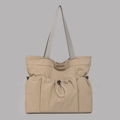 Women's Beige Canvas Shoulder Bag Large Capacity Lightweight