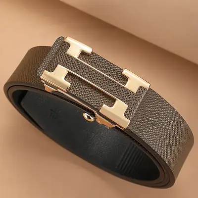 Men's Black Leather Belt with Gold Toothless Buckle
