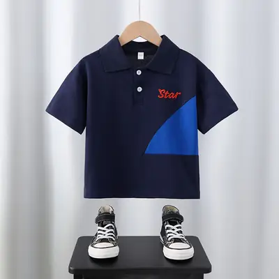 Men Polo Shirt Star Embroidered Navy Blue