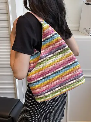 Multi Color Striped Woven Shoulder Bag Large Capacity Women